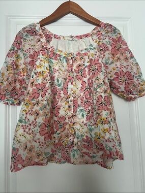 Love Stitch Pink Floral Button-Front Puff Sleeve Blouse